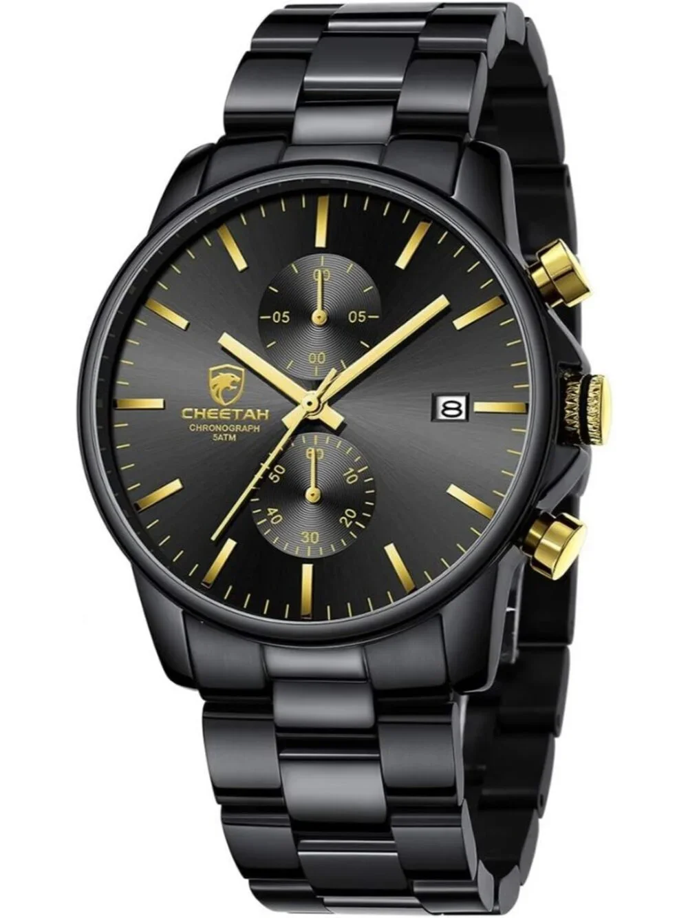 Men's Black Gold Classic Stainless Steel Waterproof Chronograph Quartz Watch